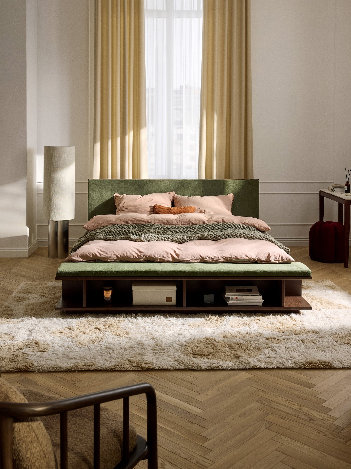 Clarelis Wooden Bed Frame with Bench and Side Shelves