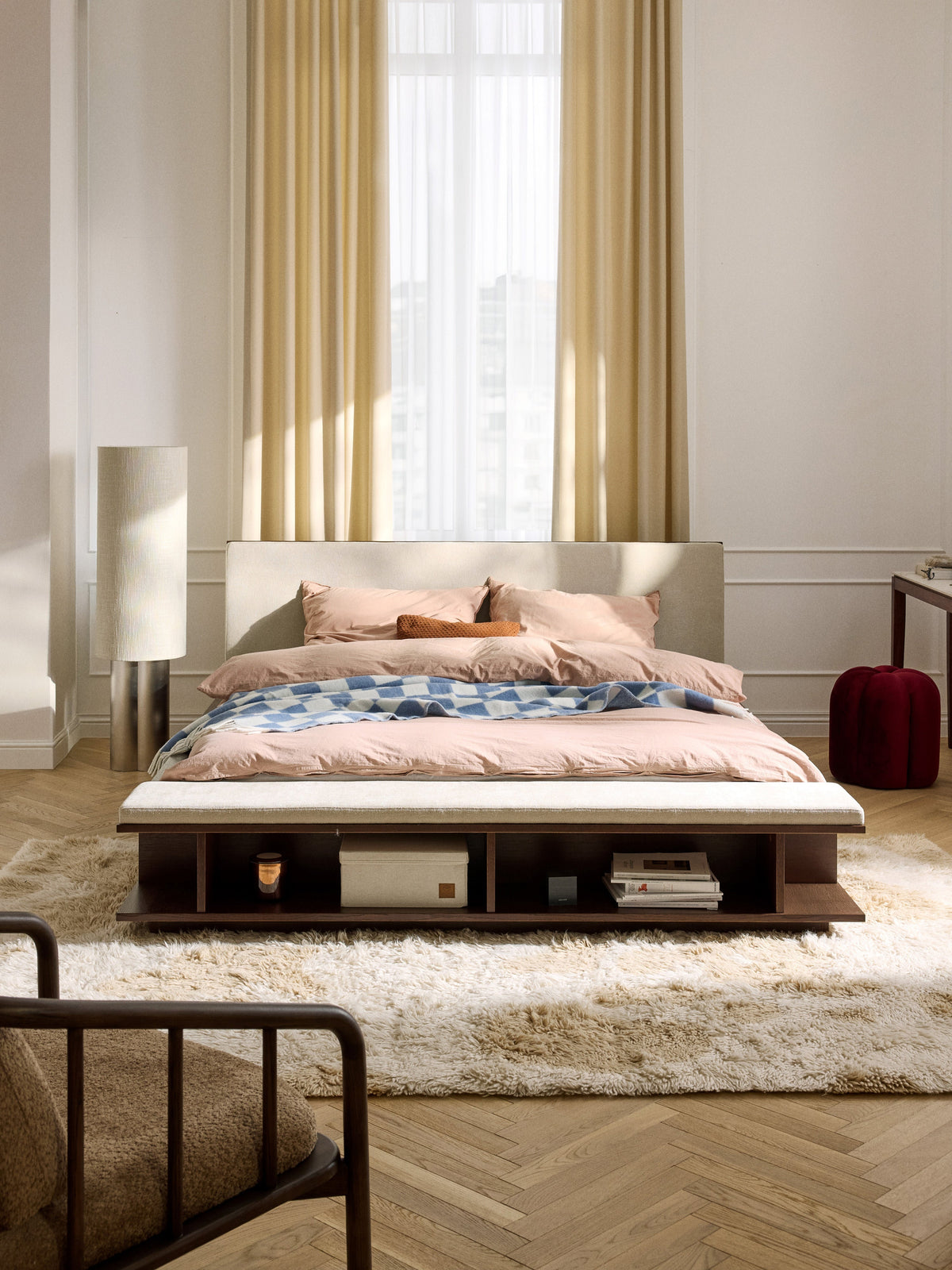 Clarelis Wooden Bed Frame with Bench and Side Shelves