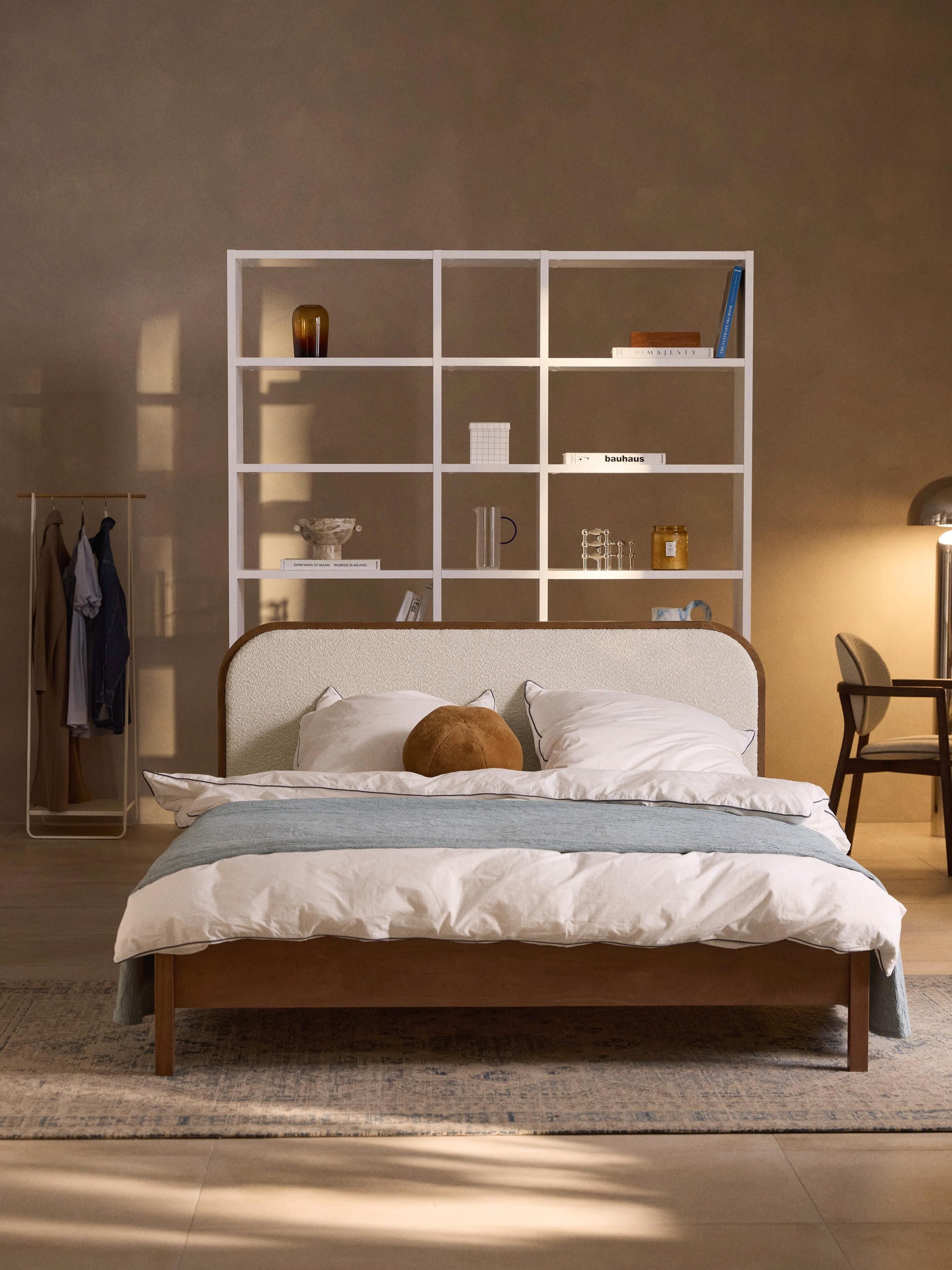 Jonaro Wooden Bed with Bouclé Headboard