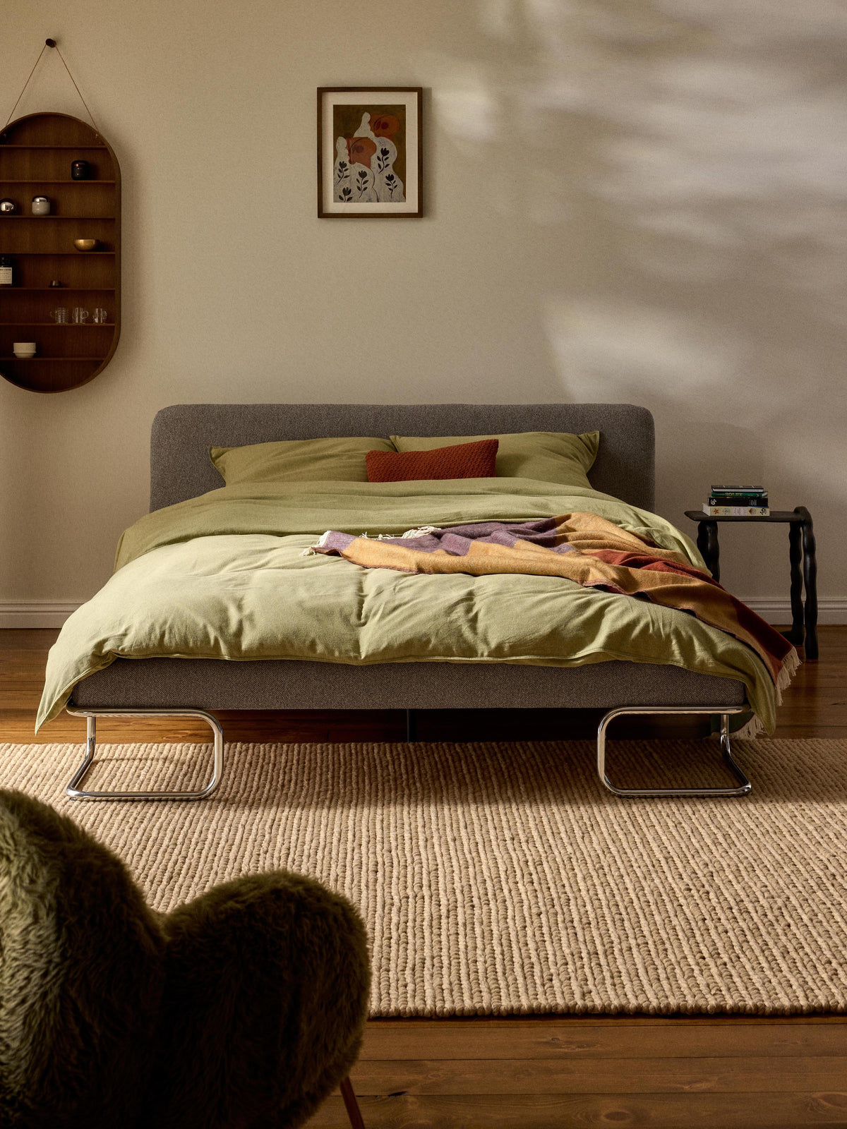 Olfia Upholstered Bed in Bouclé with Metal Legs