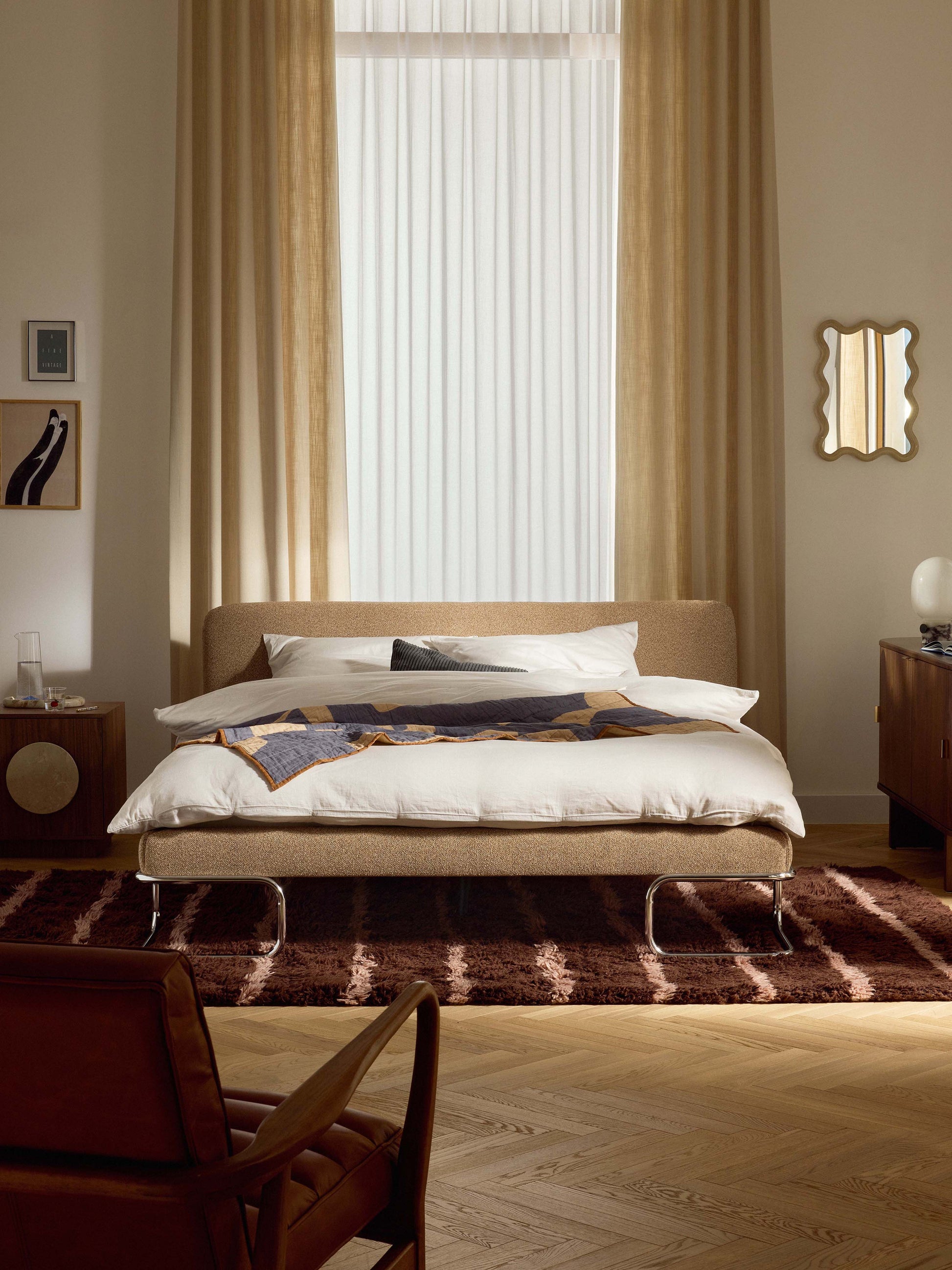 Olfia Upholstered Bed in Bouclé with Metal Legs