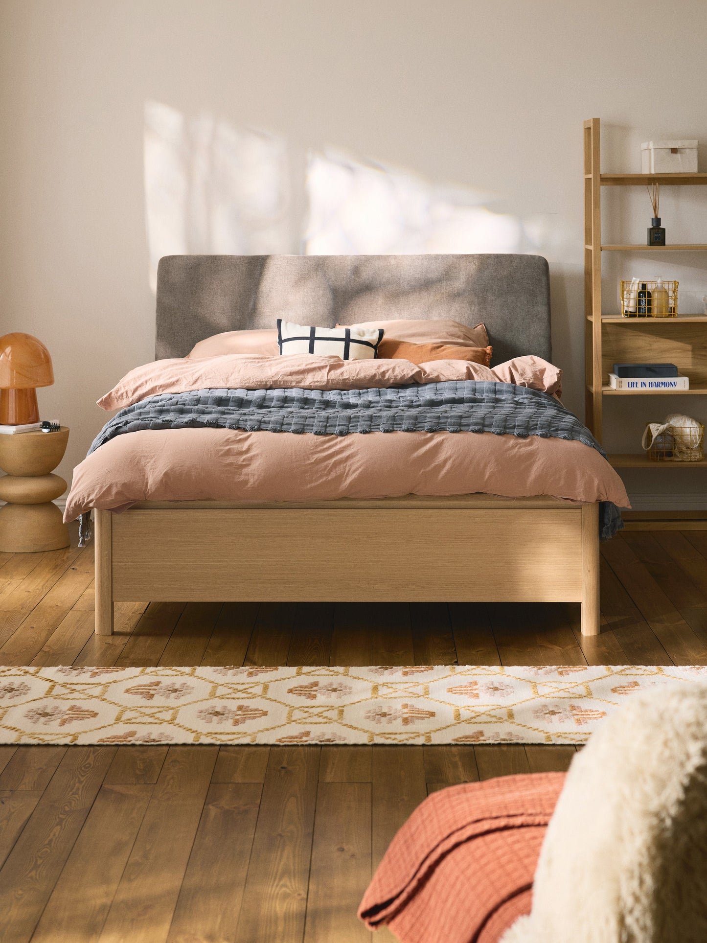 Santvenno Wooden Bed with Drawers and Upholstered Headboard