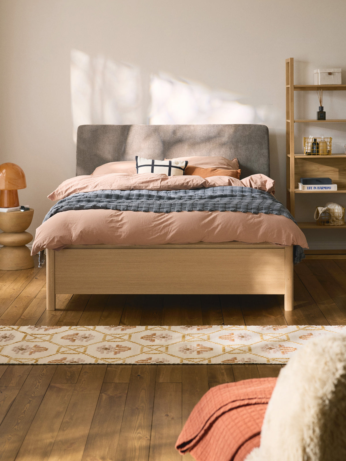 Santvenno Wooden Bed with Drawers and Upholstered Headboard