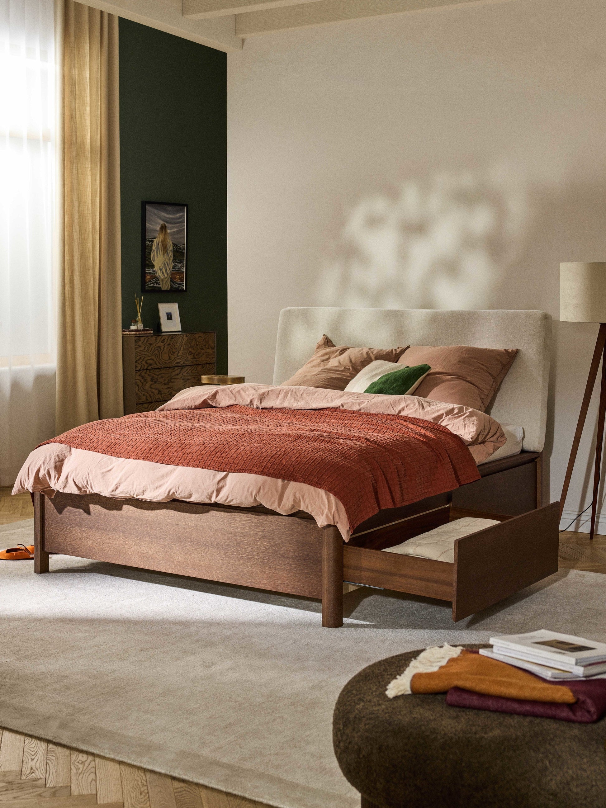 Santvenno Wooden Bed with Drawers and Upholstered Headboard