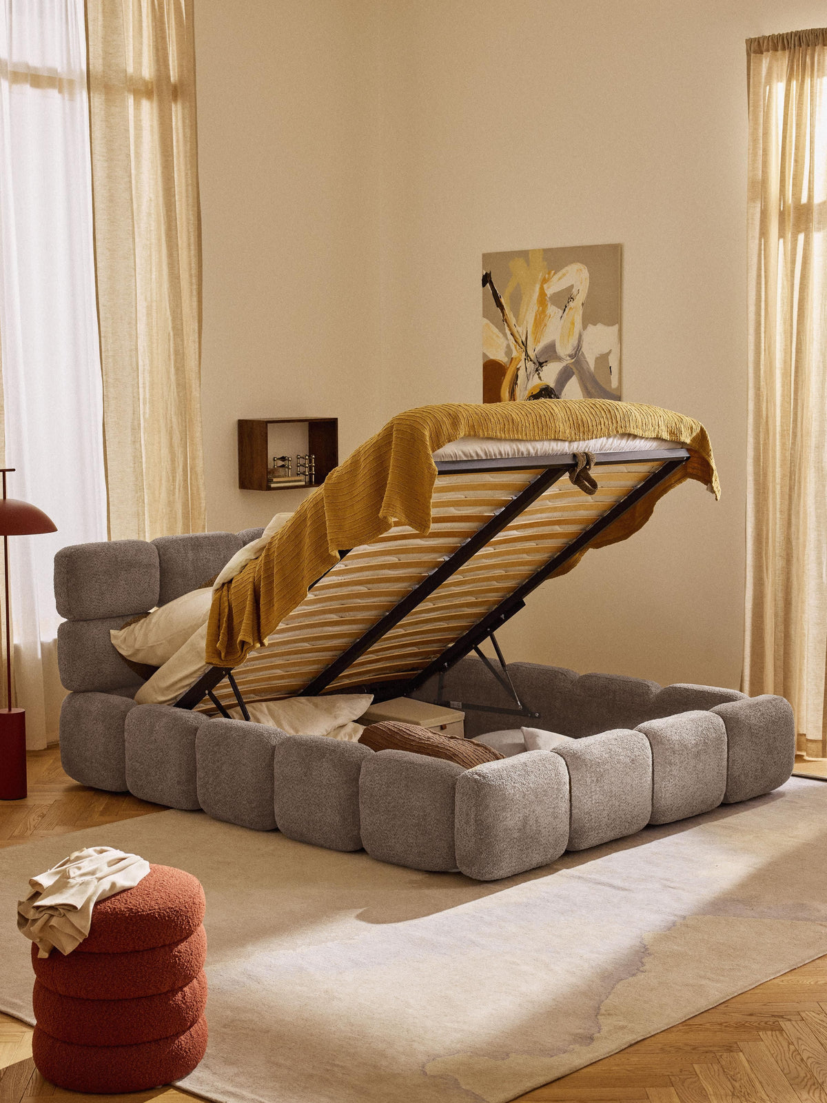 Taylenza Upholstered Bed in Teddy Bouclé with Storage