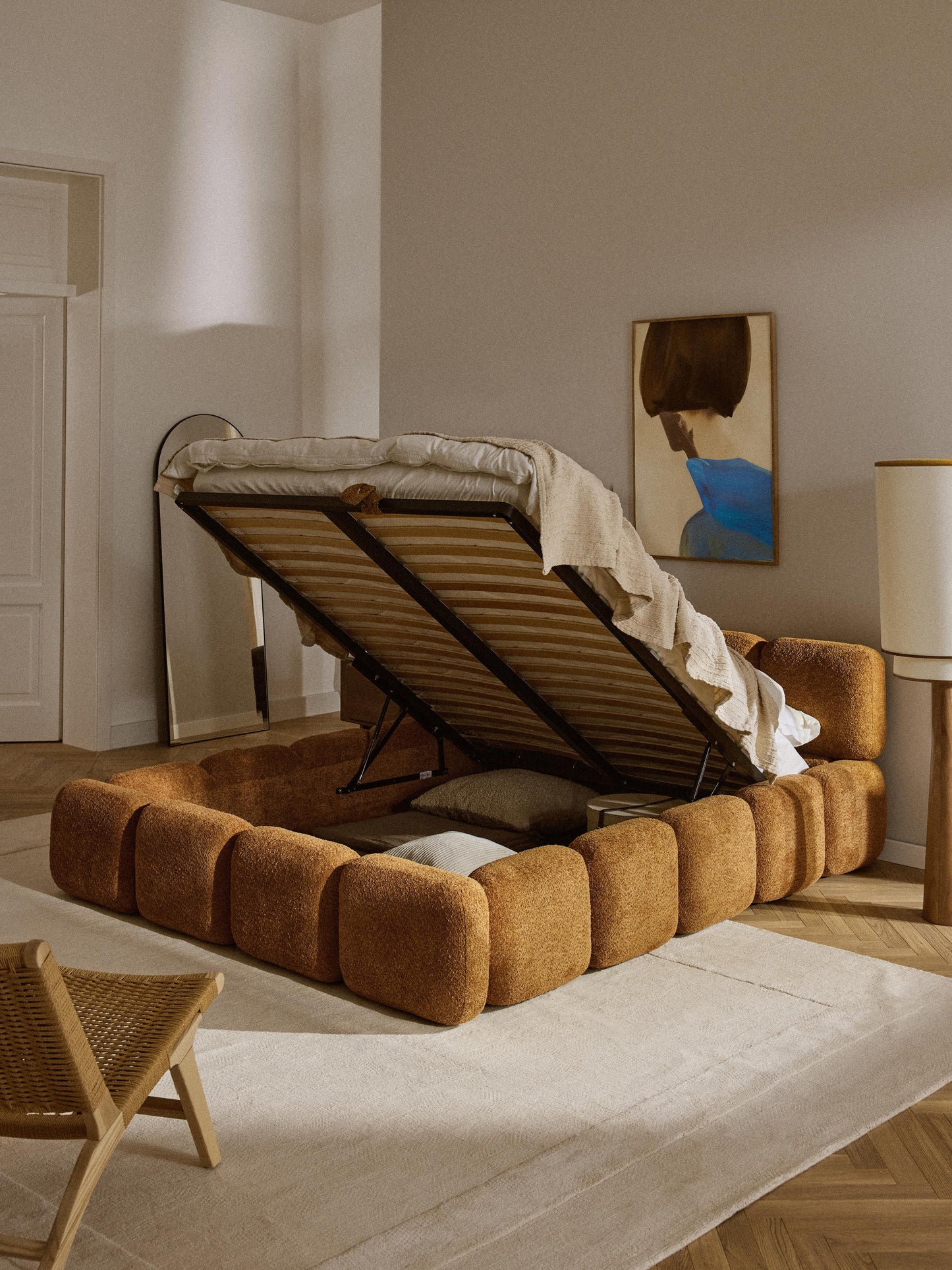 Taylenza Upholstered Bed in Teddy Bouclé with Storage