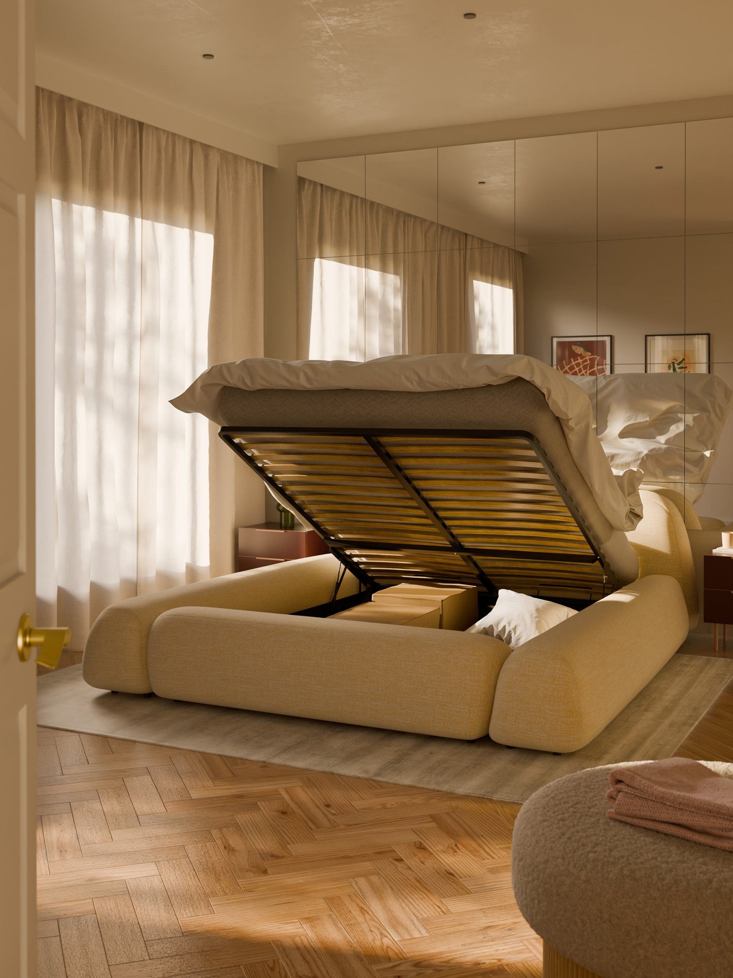 Wolzania Upholstered Bed in Bouclé with Storage