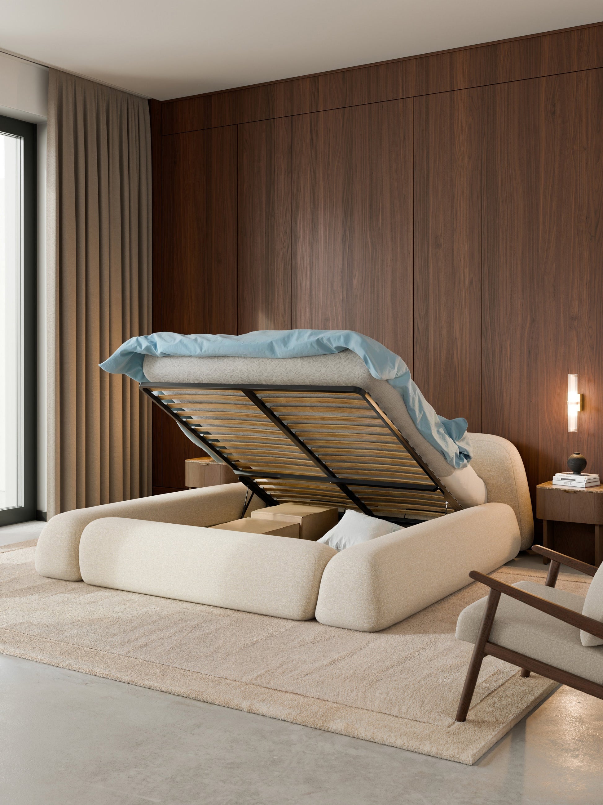 Wolzania Upholstered Bed in Bouclé with Storage